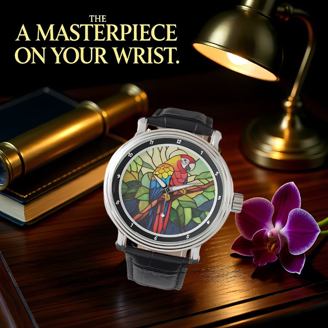 Relógio Tropical Kaleidoscope" - Stained Glass Parrot (Criador carregado)