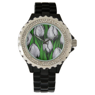 Relógio Tulipas brancas com folhas verdes