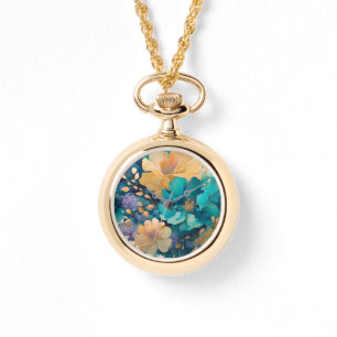 Relógio Turquesa Dourado Roxo Azul Marinho Flores Aquarela