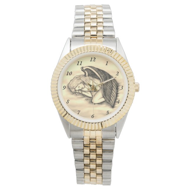 Relógio Um anjo dormindo no céu nuvem design de ouro (Frente)