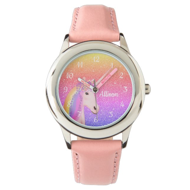 Relógio Unicorn Rainbow Glitter Blush Pink Personalizado (Frente)