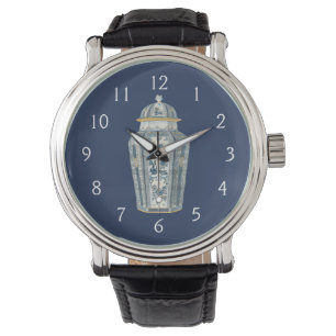 Relógio Urna Asiática Decorativa em Azul e Branco