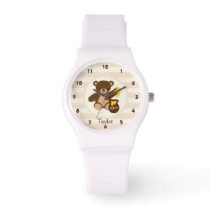 Relógio Urso de pelúcia castanho-branco com mel amarelo
