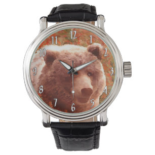 Relógio Urso Grizzly na Pintura de Arte Selvagem com Algas