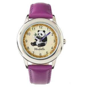 Relógio Urso Panda Personalizado Com Bambu Dourado Folhage