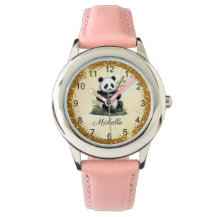 Relógio Urso Panda Personalizado Com Bambu Dourado Folhage