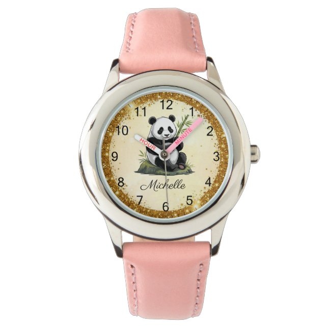 Relógio Urso Panda Personalizado Com Bambu Dourado Folhage (Frente)