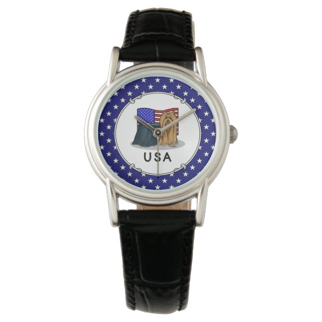 Relógio USA American Flag Yorkshire Terrier (Yorkie) Dog (Frente)