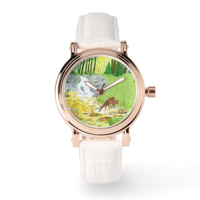 Relógio Veado e Fawn Dourado Rosado Vintage Branco (Frente)