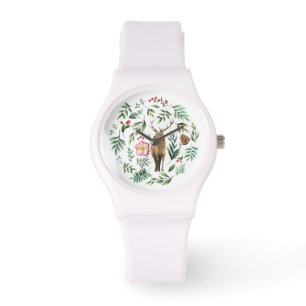 Relógio Veado natural de aquarela com flores e folhas