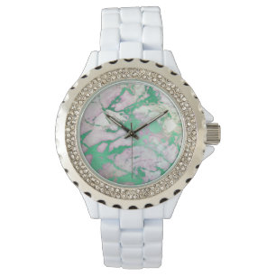 RELÓGIO VERDE LILAC SWIRL MARBLE WHITE SPARKLE BANDA WATCH