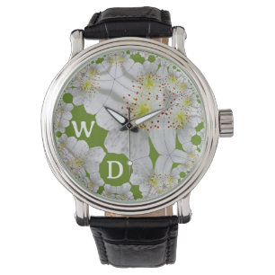 Relógio Verde-Oliva de Flor Branca Personalizado