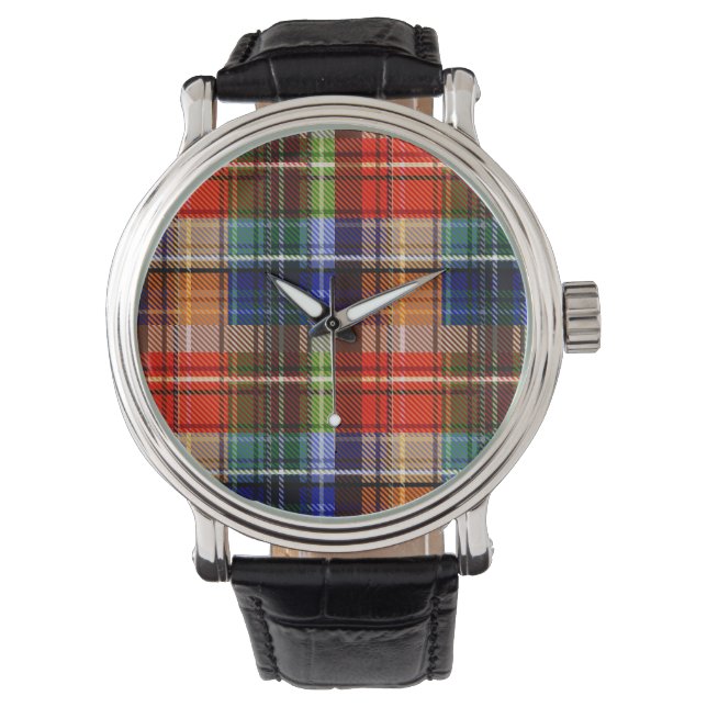 Relógio Vermelho Azul Verde Amarelo Xadrez Tartan Desenho  (Frente)