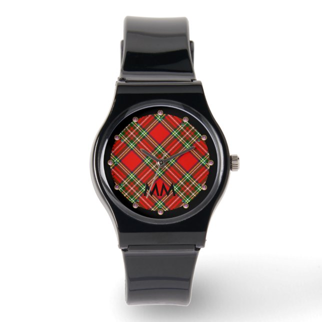 RELÓGIO VERMELHO ESCOTTISH TARTAN, PINK GEMSTONES MONOGRAM (Frente)