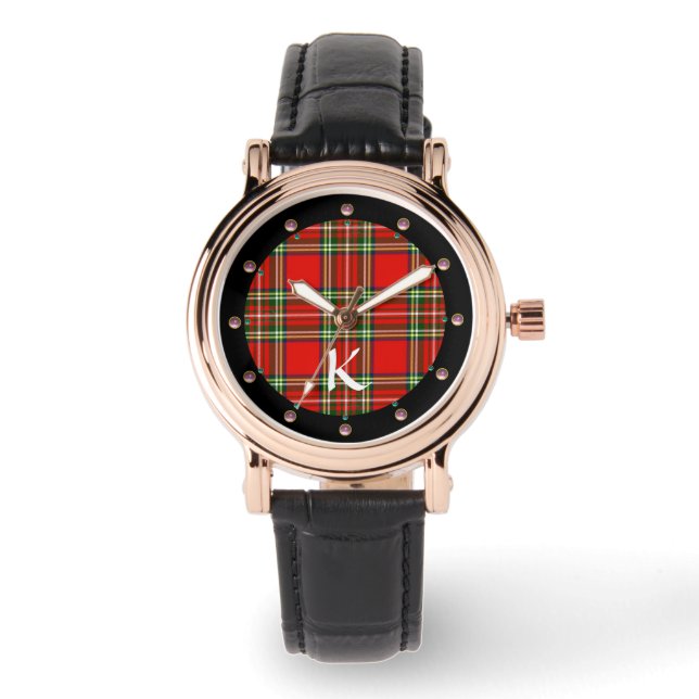 RELÓGIO VERMELHO ESCOTTISH TARTAN, PINK GEMSTONES MONOGRAM (Frente)
