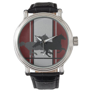 Relógio Vermelho Profundo com dois Mustangs com faixas de