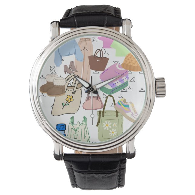 Relógio vestuário, calçados e padrões bolsas (Frente)