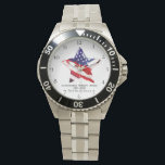 Relógio *~* Veterano Militar Pintado Red White Flag<br><div class="desc">* STAR SHAPE LONE STAR Watercolor Mão pintada Patriótica Sturdy Modern Man's American Flag Watch com uma Banda de relógio de pulseira de aço inoxidável de uso masculino . * Este design apresenta a bandeira americana Flag American também conhecida como Velha Glória e Estrelas e Stripes. Está na forma de...</div>
