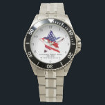 Relógio *~* Veterano Militar Pintado Red White Flag<br><div class="desc">* STAR SHAPE LONE STAR Watercolor Mão pintada Patriótica Sturdy Modern Man's American Flag Watch com uma Banda de relógio de pulseira de aço inoxidável de uso masculino . * Este design apresenta a bandeira americana Flag American também conhecida como Velha Glória e Estrelas e Stripes. Está na forma de...</div>