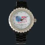 Relógio *~* Veterano Militar Vermelho Branco Azul EUA Band<br><div class="desc">* Banda Negra Enamel Patriótica Clássica Moderna Bling em forma de Diamante Rhinestone Watercolor Design Woman's American Flag Wrist Watch. * Este design apresenta a bandeira americana Flag American, que também é conhecida como Glória Antiga e Estrelas e Stripes. Esta design de Bandeira Americana de Aquarela inclui as cores Vermelho...</div>