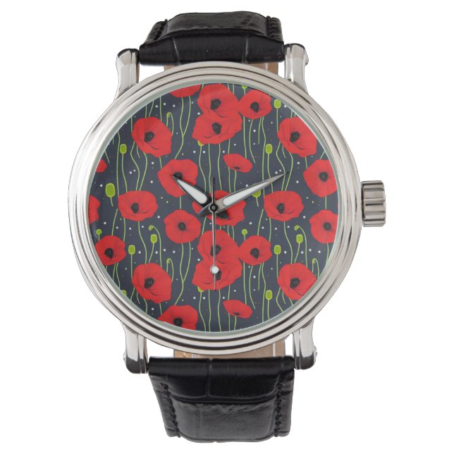 Relógio Vibrant Modern Red Poppies Pattern Art (Frente)