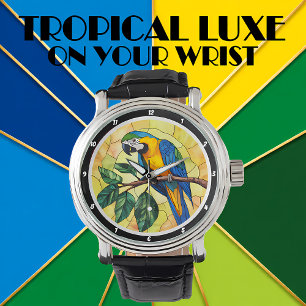 Relógio Vibrante Arara Papagaio e Desenho de Folhas Tropic