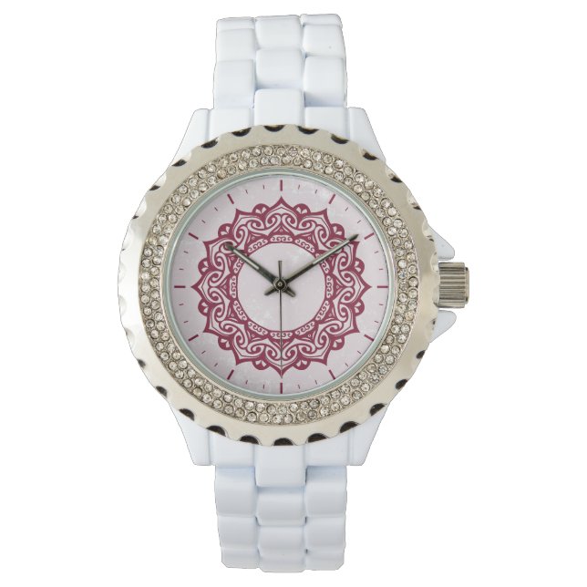 Relógio vigia com ornamento mandala, cardeal e rosa (Frente)