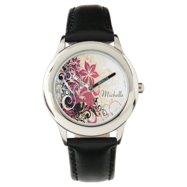 Relógio Vigia/Flores de Aço Inoxidável de Bezel Personaliz (Frente)
