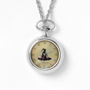 Relógio Vintage Black Witch Hat Dourado Stars NecklaceEwat