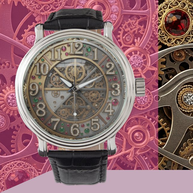 Relógio Vintage com joias, Steampunk, diamantes, ouro (Industrial Steampunk Mechanical Jeweled Watch)