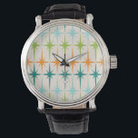 Relógio Vintage Geométrico Starbursts Watch<br><div class="desc">Vintage. Geometria. Estrelas. Se você ama qualquer uma dessas palavras, esta revista Vintage Geométrico Starbursts Watch é para você. Este design moderno de meio século de apresenta um fundo creme com filas de tartaruga, verde limão, laranja e rajadas de estrelas. Este design de modelo é muito parecido com o padrão...</div>