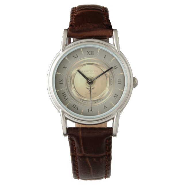 Relógio Vintage Gold Roman Numeral Brown Leather Custom (Frente)