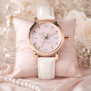Relógio Vintage Princess Crown Pink & Cinza Nome Pessoal