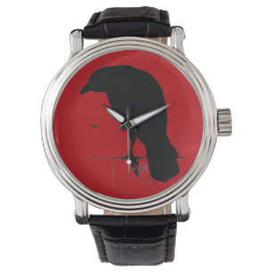 Relógio Vintage Raven Silhouette Black Red Ravens Crows