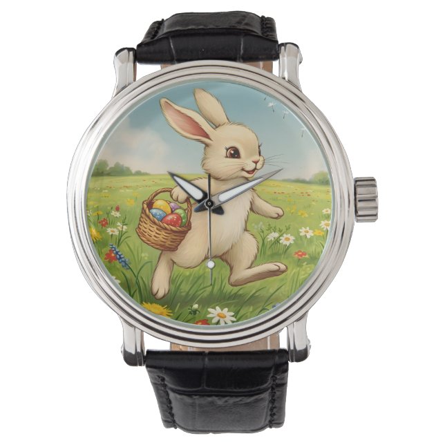 Relógio Vintage Spring Meadow Easter Bunny  (Frente)