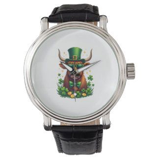 Relógio Vintage St. Patricks Day Highland Cow com Shamroc
