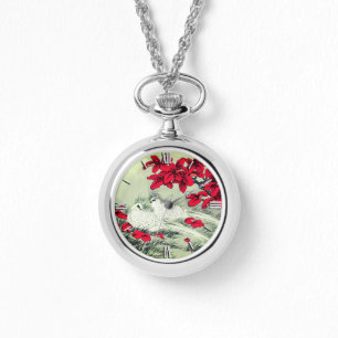 Relógio Vintage White Doves e Red Leaves nas Cinzas