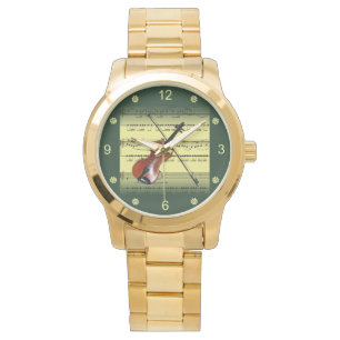 Relógio Violin~Música em Folha Rolada~Fundo Dourado/Verde