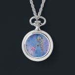 Relógio *~* Watercolor Beach Sea Jelly Fish Star Fish Girl<br><div class="desc">Star Fish Jelly Fish Dourado Glitter Purple Glitter Blue Glitter Símbolos de praia como borbulhante na moda azul-abstrato com algum fundo magenta estão decorando a face do relógio desta bonito mulher. O relógio tem uma Banda Silver Metal e Black Leather Wrap. É tão legal e popular. O peixe-estrela é cor-de-rosa...</div>