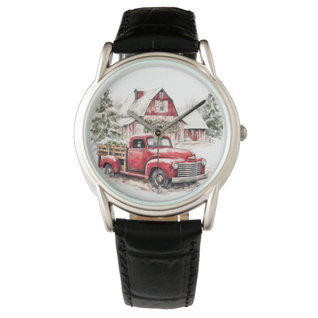 Relógio Watercolor Christmas Vintage Truck and Barn (Frente)
