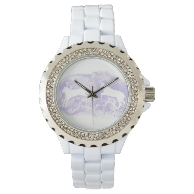 Relógio White Enamel Watch com Lavanda Horse Art (Frente)