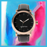 Relógio White Name Classy Rosa Dourado Banda Masculina Neg<br><div class="desc">Este elegante relógio de pulso de na moda de ouro-rosa é decorado com um fundo preto, banda preta, e personalizado com o seu nome. Você pode facilmente alterar o nome e excluir as marcas de escala brancas, se desejar. Que presente maravilhoso para um melhor homem, padrinho de casamento, contínuos, formandos,...</div>