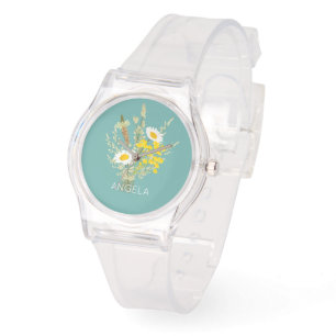 Relógio Wildflower Daisies Nome Personalizado do Buquê Flo