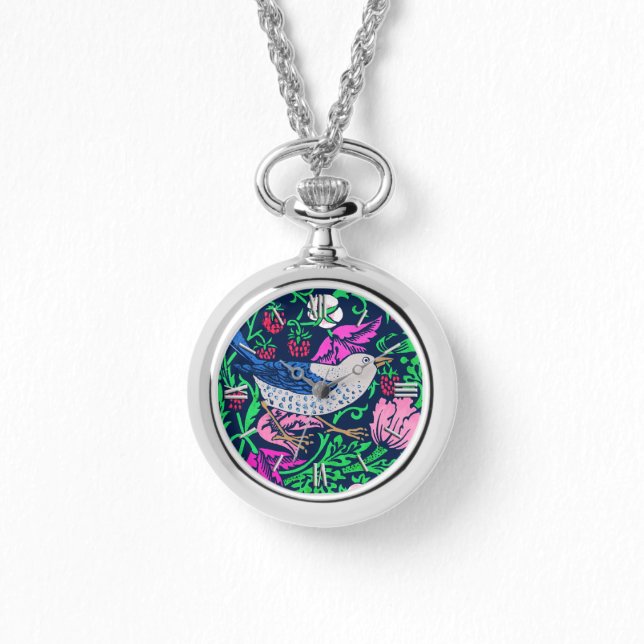 Relógio William Morris Bird & Azulejo, Marinho e Fuchsia (Frente)