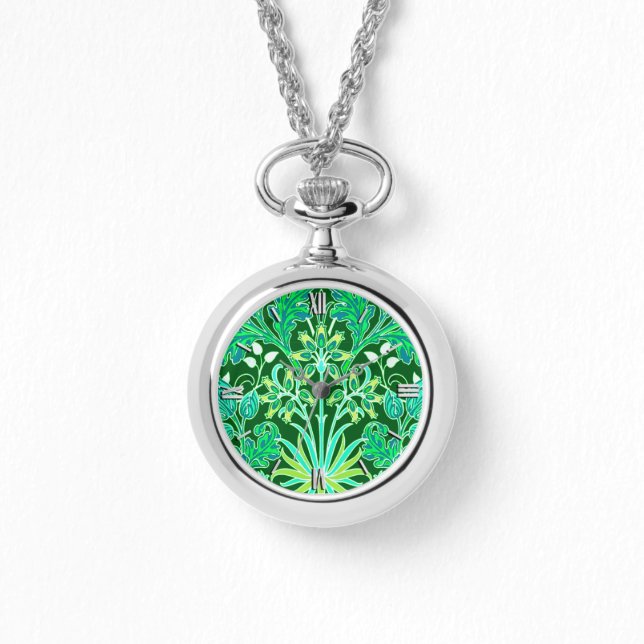 Relógio William Morris Hyacinth Impressão, Emerald Green (Frente)