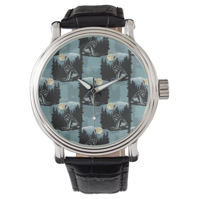 Relógio Wolf Howling Na Moon Pattern Design (Frente)