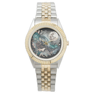 Relógio Wolf Landscape & Moon Teal Dourado