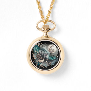 Relógio Wolf Landscape & Moon Teal Dourado