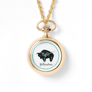 Relógio Womens WENUUND Dourado Watch-Yellowstone Buffalo