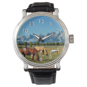 Relógio Wyoming, Montanhas Teton, com Cavalos Grazados